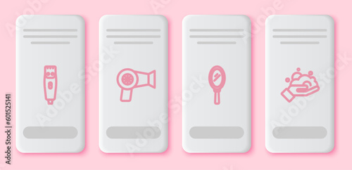 Set line Hair clipper, dryer, Hand mirror and Shaving foam on hand. White rectangle button. Vector