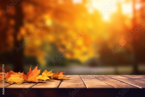 Autumn Wooden Table_With Orange Leaves At Sunset