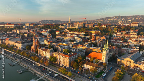Aerial view of Budapest city skyline at sunrise, Hungary © Vgallery