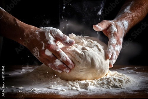 Hands kneading fresh dough for homemade pizza . Generative AI.