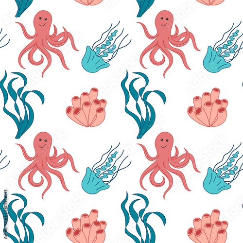 Cartoon octopus, jellyfish and seaweed background. Seamless pattern of the underwater world.  Colorful hand drawn pattern sea life animals