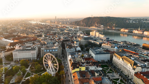 Aerial view of Budapest city skyline at sunrise, Hungary