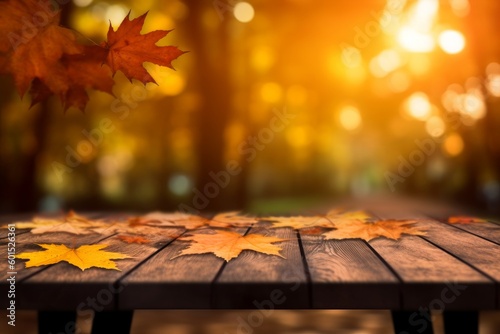 Autumn Wooden Table_With Orange Leaves At Sunset © hassani