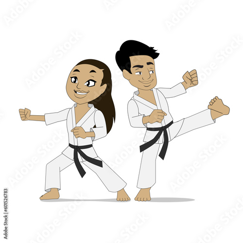 Asian boy and girl training in karate uniform 