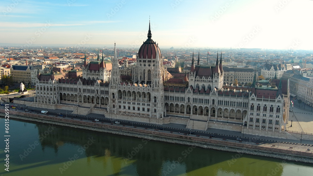 Aerial view of Hungarian Parliament Building in Budapest. Hungary Capital Cityscape at daytime. Tourism and European Political Landmark Destination