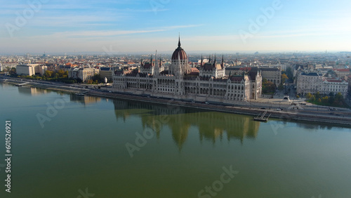 Aerial view of Hungarian Parliament Building in Budapest. Hungary Capital Cityscape at daytime. Tourism and European Political Landmark Destination