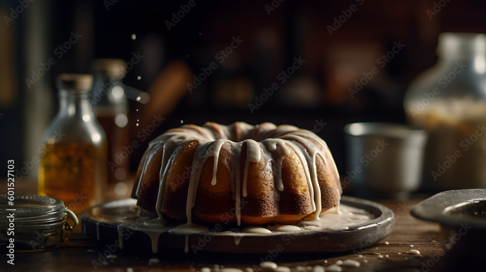 Vanilla bundt cake drizzled with powder sugar glaze with vanilla beans on a wooden table at home created with Generative AI technology