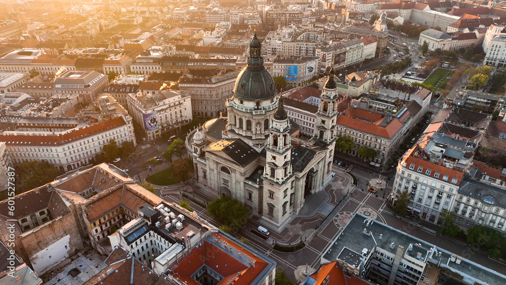 Fototapeta premium Aerial view of Budapest city skyline and St Stephens Basilica at sunrise, Hungary