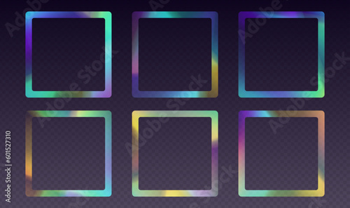 Crystal refraction frame, rainbow sunlight border, prism light effect, holographic reflections in a square shape. Blurred optical rays. vintage kaleidoscope effect. Vector design element.