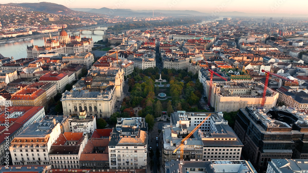 Aerial view of Budapest city skyline, Liberty Square (Szabadsag ter), public square located in the Lipotvaros neighborhood