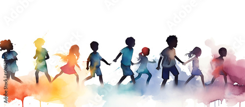 Silhouettes of happy children. World children's day. Watercolor illustration, banner. Generative AI