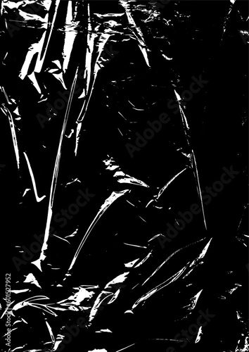 Polyethylene texture. Grunge effect. Transparent stretched cling film. Overlay shabby texture. Black and white vector background. Crumpled warp plastic. Defect, scuff frame template