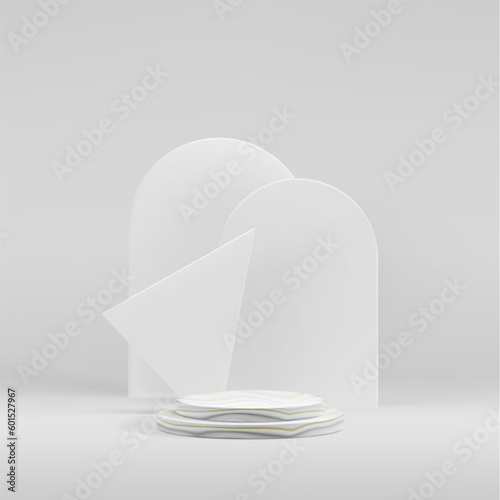 3d white stage with product stand. Round grey showcase as empty mockup scene. Marble beauty cometic platform. Abstract set of blocks, studio vector rendering