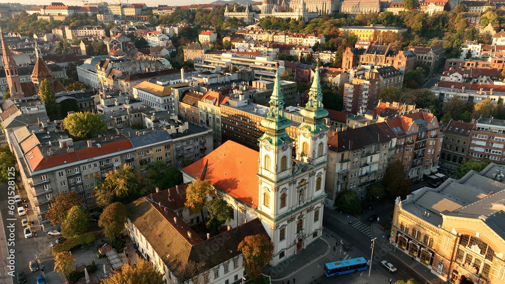 Aerial view of Budapest city skyline, Saint Anne Parish of Upper Watertown (Felsovizivarosi Szent Anna-plebania), Roman Catholic