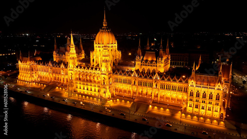 Aerial view of Budapest Hungarian Parliament Building at night. Travel  tourism and European Political Landmark Destination  Hungary