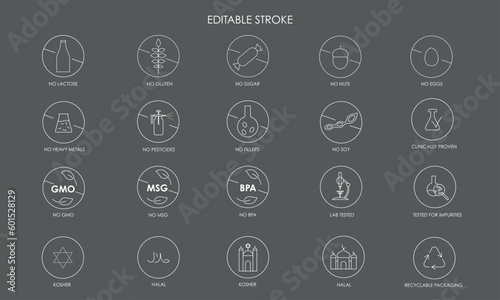 Healthy food and no allergen ingredient icons pack. Vector stock illustration isolated on black background for packaging design stickers - GMO, BPA, MSG, heavy metal, pesticides, filler free. 