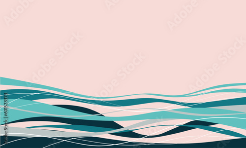 Abstract waves in teal, turquoise, blue and sand, grey waves on rose colored background, Vector illustration