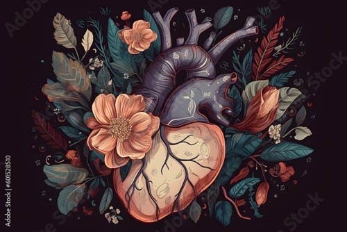 Beautiful anatomic heart with flowers and leaves. Floral romantic composition for greeting card. Generative AI