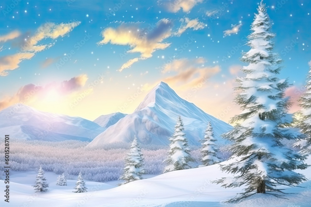 winter landscape with snow-covered mountains and trees Generative AI