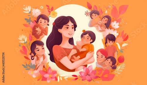 Illustration of a mother with her little children, flower in the background. Concept of mothers day, mothers love, relationships between mother and child