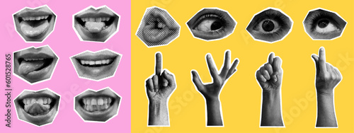 Set of hands, lips, eyes and. Isolated background. Collage elements for a message using the hands, eyes and mouth with the tongue. Vintage vector set with dotted pop art