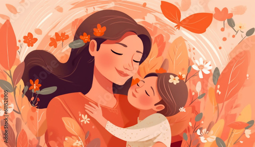 Happy Mother's Day Banner illustration of mom kissing her daughter. Giving a hug on happy mother's day in the style of colorful animation stills.