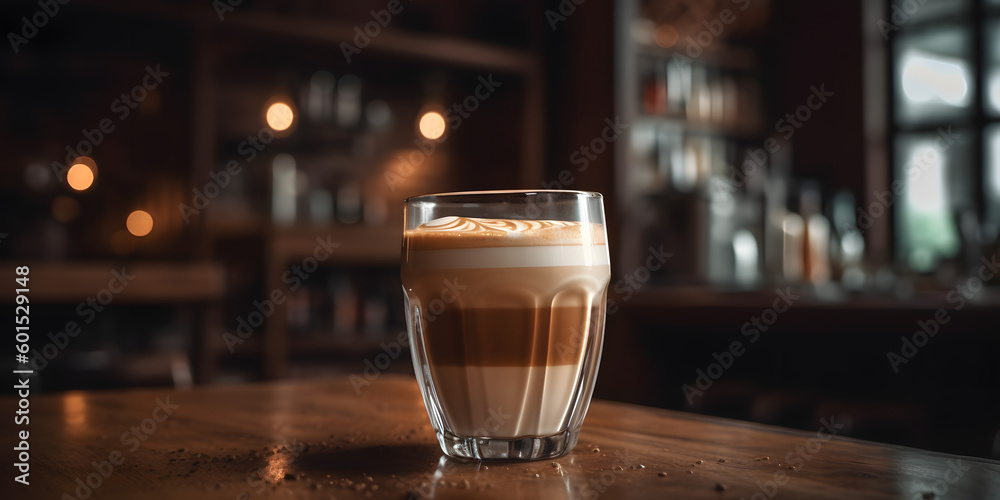 Grande latte on a wooden table in large glass, coffee shop background. Generative AI.