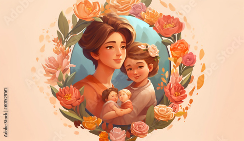Illustration of a mother with her little children, flower in the background. Concept of mothers day, mothers love, relationships between mother and child.