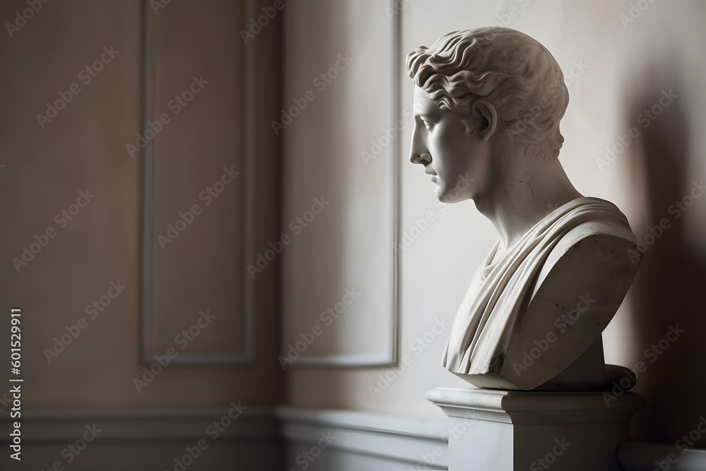 Sculpture of a male bust standing in a room. Generative AI Stock