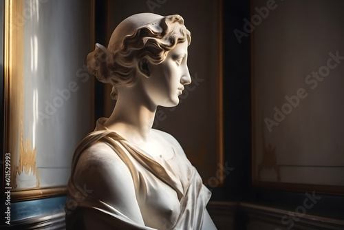 Sculpture of a female bust standing in a room. Generative AI