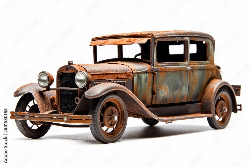 An antique car with a rusty body on a white background