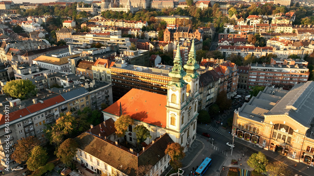 Fototapeta premium Aerial view of Budapest city skyline, Saint Anne Parish of Upper Watertown (Felsovizivarosi Szent Anna-plebania), Roman Catholic