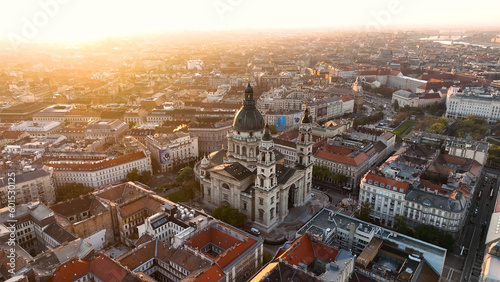 Aerial view of Budapest city skyline and St Stephens Basilica at sunrise, Hungary