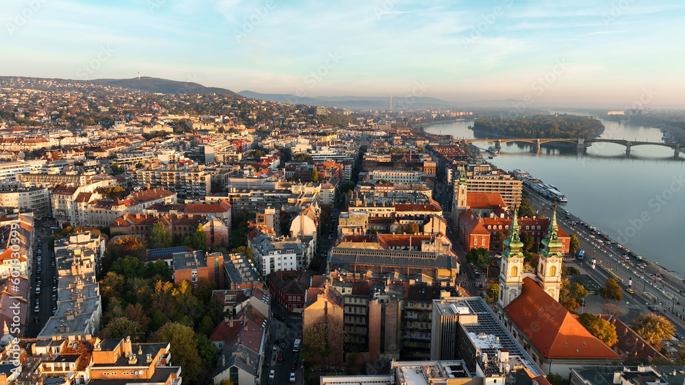 Obraz premium Budapest city sunrise skyline, aerial view. Danube river, Buda side, Hungary