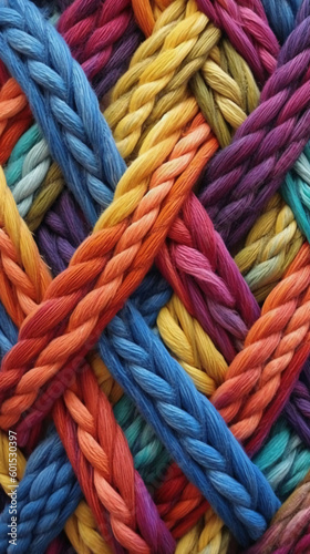 A pattern of multicoloured ropes and twines twisted. AI generative