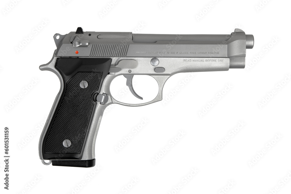 Modern semi-automatic silver pistol. Armament for the army and police. Short-barreled weapon. Isolate on a white back. Modern semi-automatic silver pistol. Armament for the army and police. Short-barreled weapon. Isolate on a white back.
