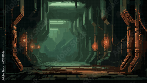 pixel art game level background, 8 bit, dungeon, underground arcade video game, catacomb, dark scene, alien ship interior, vector illustration