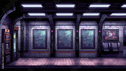 pixel art game level background, 8 bit, subway, underground arcade video game, train station, dark scene, vector illustration
