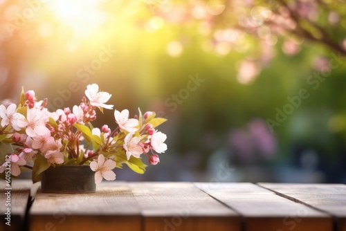  Blossoms On Wooden Table In Green Garden