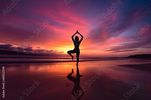 Healthy Yoga Practice at Sunset: Silhouette of Woman Practicing Yoga on Serene Beach with Beautiful Sunset Background, Wellness and Mindfulness, Mental Health © Amanda I.