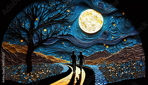 Photo Couple walking on moonlit path