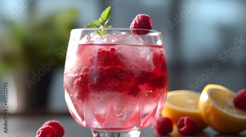 Wallpaper Mural Spring or summer refreshing cold cocktail or mocktail with berries and lemon, raspberry lemonade in a glass with ice. Generative AI.  Torontodigital.ca