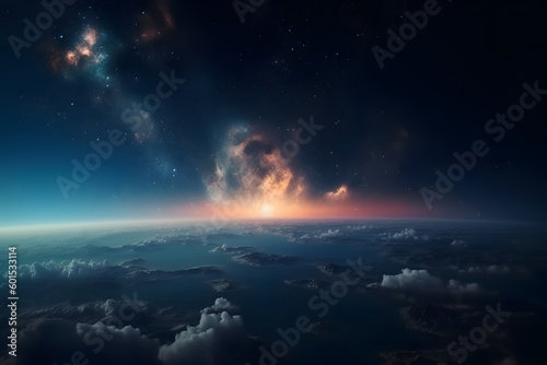 Aerial view of the sky with clouds. Sky background with galaxy. Generative AI
