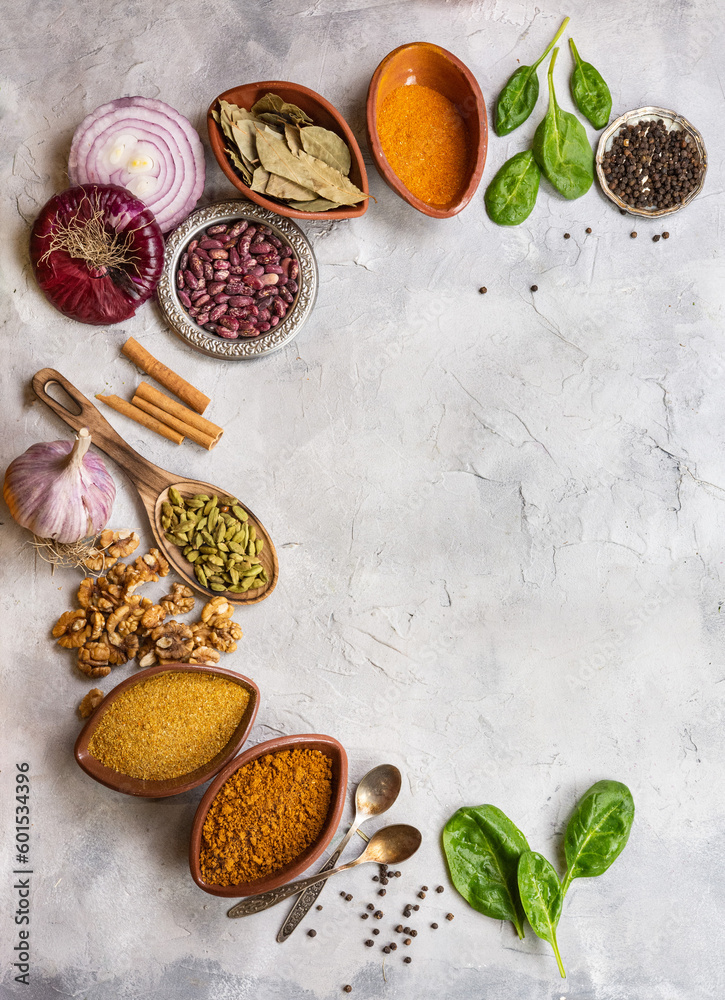 spices and herbs on a stone table