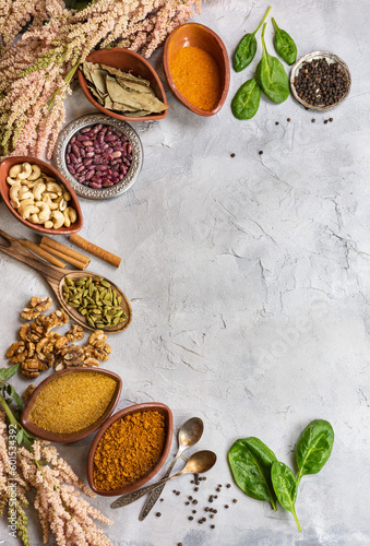 spices and herbs on a stone table