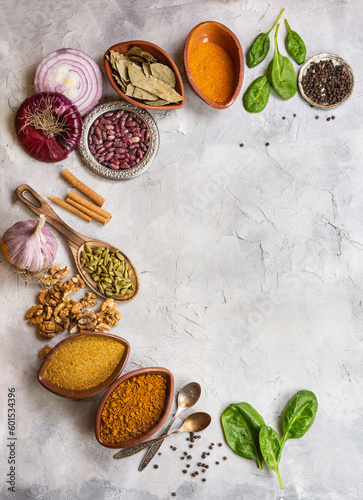 spices and herbs on a stone table