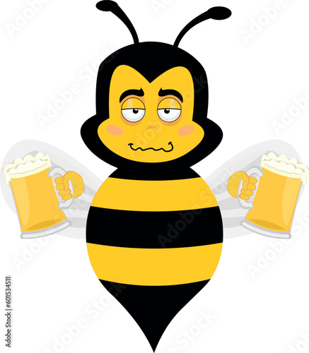 vector illustration bee cartoon drunk with beers in his hands