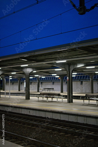 Pusty peron na dworcu kolejowym oświetlony lampami na tle nocnego nieba