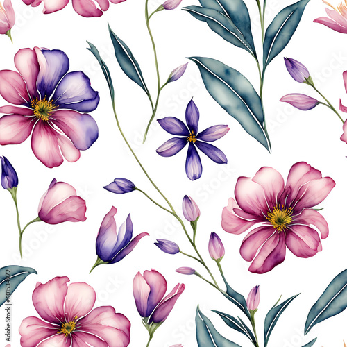 Watercolor flowers white background seamless pattern generated Ai