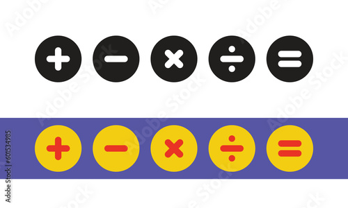 Calculator buttons set, Mathematical symbol in circle. Addition sign, minus sign, multiplication sign, division and equals sign
